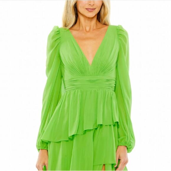 MAC DUGGAL GREEN APPLE RUFFLE TIERED LONG SLEEVE DRESS size 16 NWOT - Picture 2 of 9